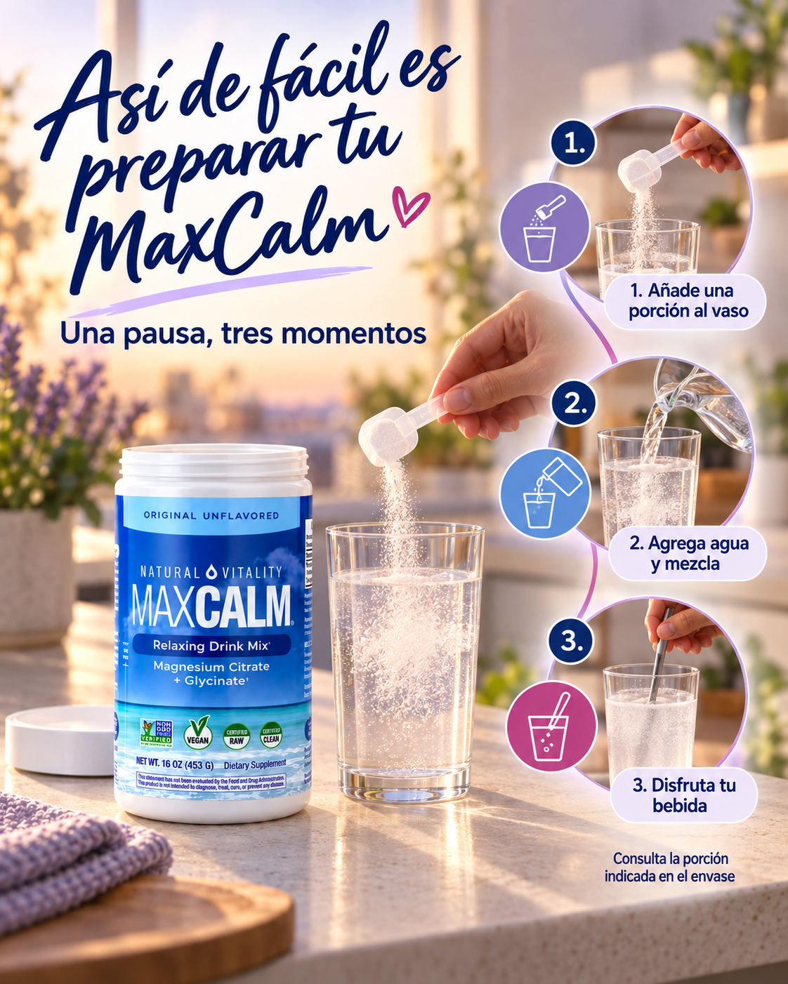 Natural Vitality MAXCALM Suplemento de magnesio en polvo para combatir el estrés.